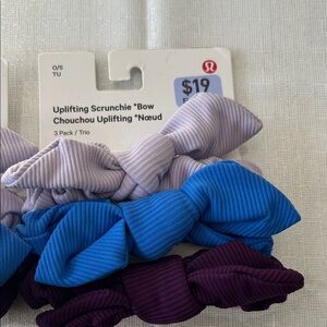 Lululemon Bow Scrunchie Trio in Purple, Blue, and Gray set of 3